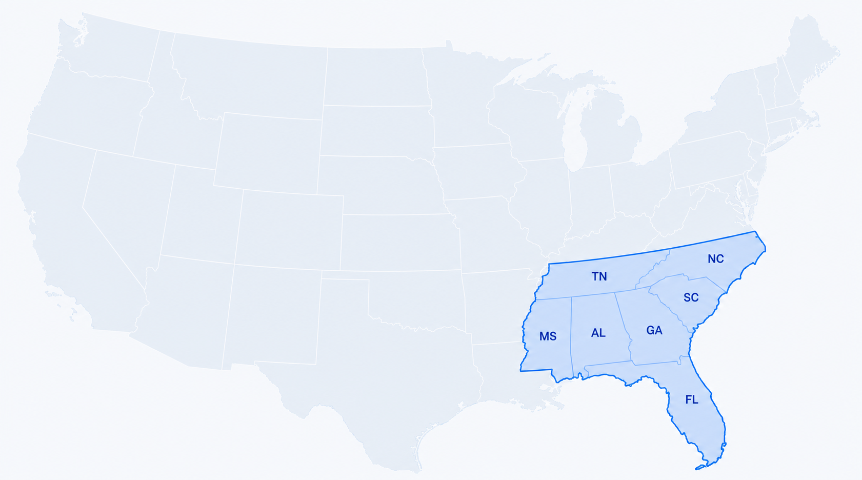 United States service footprint map highlighting Tennessee, North Carolina, South Carolina, Mississippi, Alabama, Georgia, and Florida